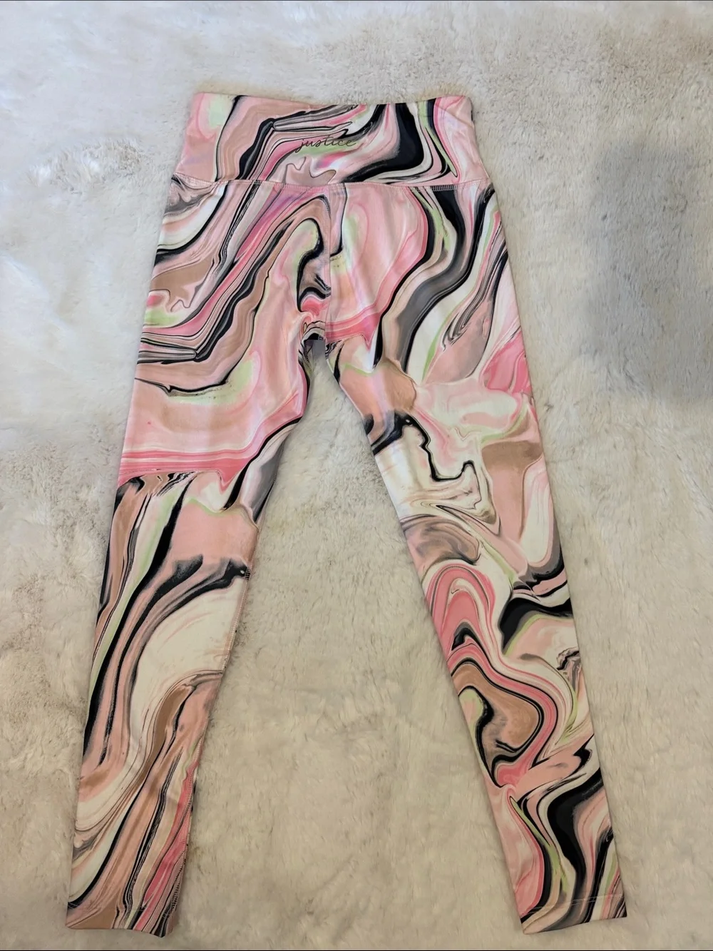 Justice Pink Marble-Print Lace-Up Waist Leggings with Black and Cream Swirls